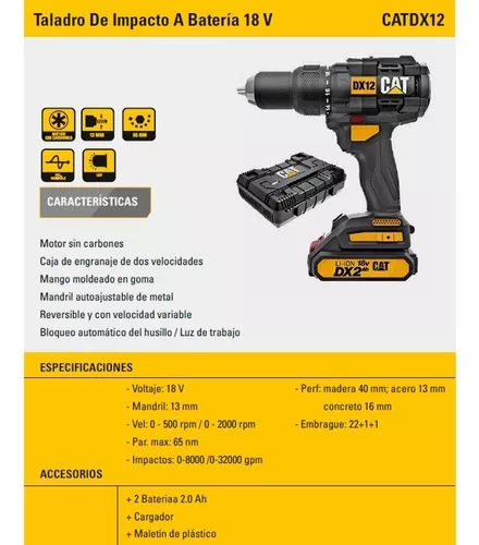 TALADRO / ATORNILLADOR CATERPILLAR DX12 18V 13MM 2 BATERIAS + CARGADOR