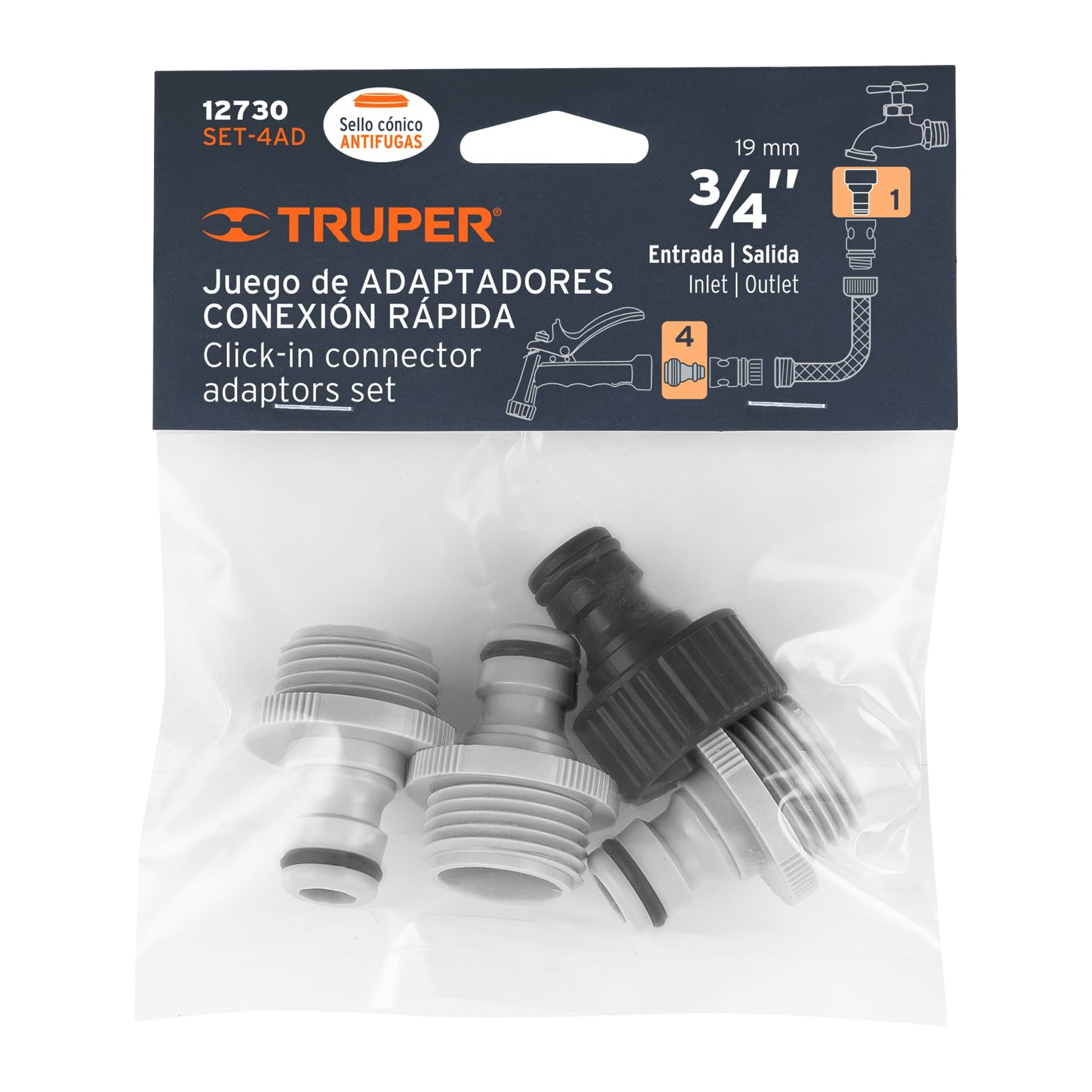 SET TRUPER DE ADAPTADORES 4 PIEZAS PARA MANGUERA 3/4